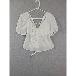 Full Tilt White Puff Sleeve V Neck Cinch Tie Front Back Blouse Women's Small